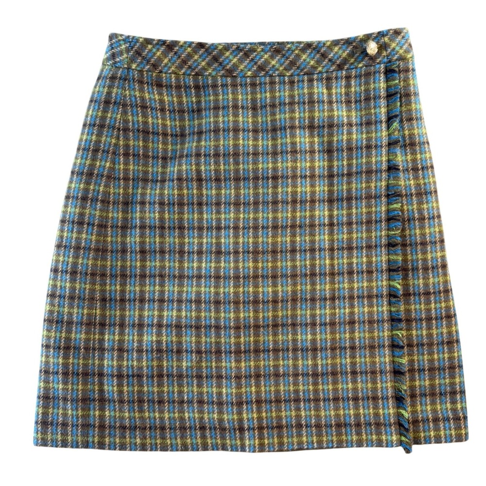 Talbots Wool Blend Plaid Tweed Faux‎ Wrap Fringe Mini Skirt Blue Green Brown 4
